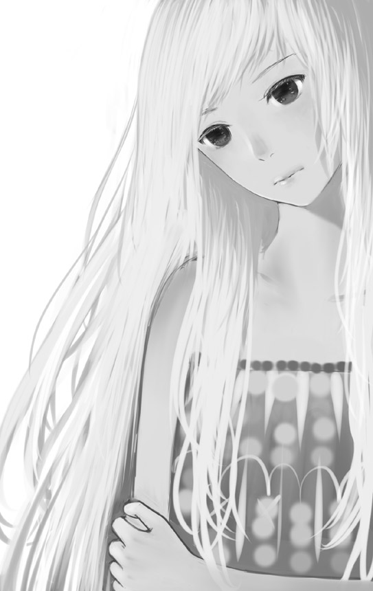 1girl bare_shoulders black_eyes close-up dress expressionless eyebrows_visible_through_hair eyelashes grey_dress grey_hair greyscale hand_on_own_arm head_tilt long_hair looking_down monochrome multicolored_hair original polka_dot sakimori_(hououbds) shadow simple_background sleeveless solo two-tone_hair upper_body very_long_hair white_background white_hair