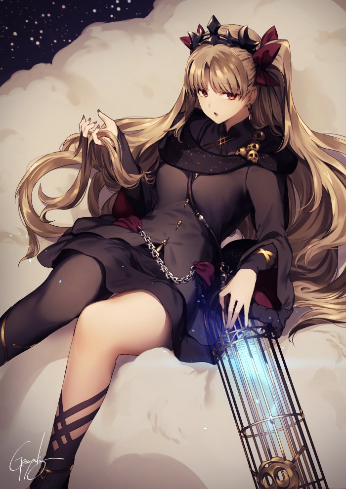 1girl asymmetrical_legwear bangs black_cape black_legwear blonde_hair breasts buckle cape detached_collar earrings ereshkigal_(fate/grand_order) eyebrows_visible_through_hair fate/grand_order fate_(series) fur-trimmed_cape fur_trim hair_ribbon hand_in_hair holding holding_hair jewelry kyouya_(mukuro238) light long_hair looking_at_viewer multicolored multicolored_cape multicolored_clothes nail_polish necklace open_mouth parted_bangs purple_nails reclining red_cape red_eyes red_ribbon ribbon single_thighhigh skull solo thigh-highs tiara twintails two_side_up