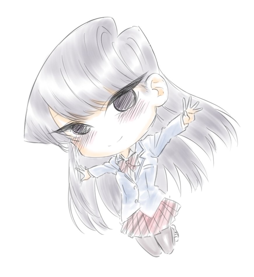 1girl black_eyes black_hair blush chibi closed_mouth jumping komi-san_wa_komyushou_desu komi_shouko long_hair looking_at_viewer mitsugu school_uniform smile white_background