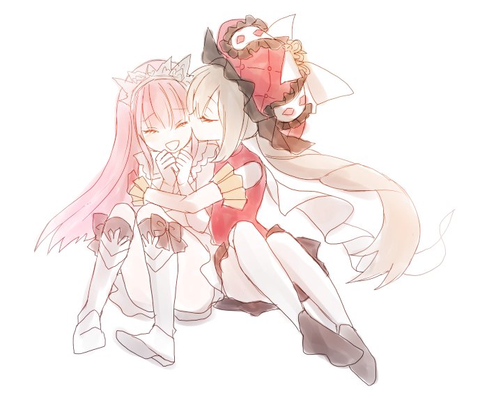 2girls bangs bare_shoulders black_bow black_footwear bow byuura_(sonofelice) cheek_kiss closed_eyes commentary_request fate/grand_order fate_(series) gloves hat hug kiss long_hair marie_antoinette_(fate/grand_order) medb_(fate)_(all) medb_(fate/grand_order) multiple_girls no_nose open_mouth pink_hair red_gloves red_hat silver_hair sitting tiara very_long_hair white_background white_footwear yuri