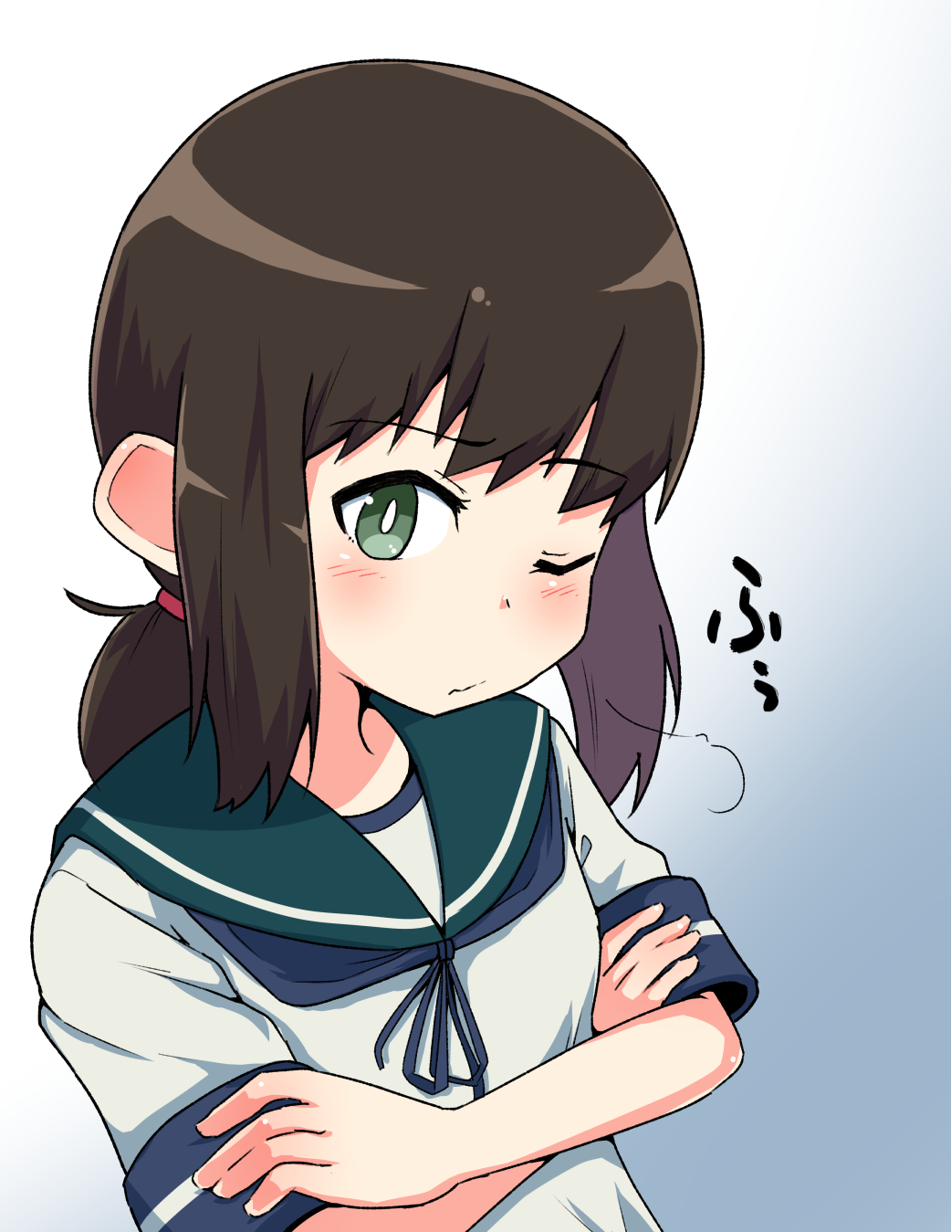 1girl black_hair blue_background blue_sailor_collar commentary_request crossed_arms eien_no_murphy fubuki_(kantai_collection) gradient gradient_background green_eyes highres kantai_collection looking_at_viewer low_ponytail one_eye_closed ponytail sailor_collar school_uniform serafuku short_ponytail sidelocks solo upper_body white_background