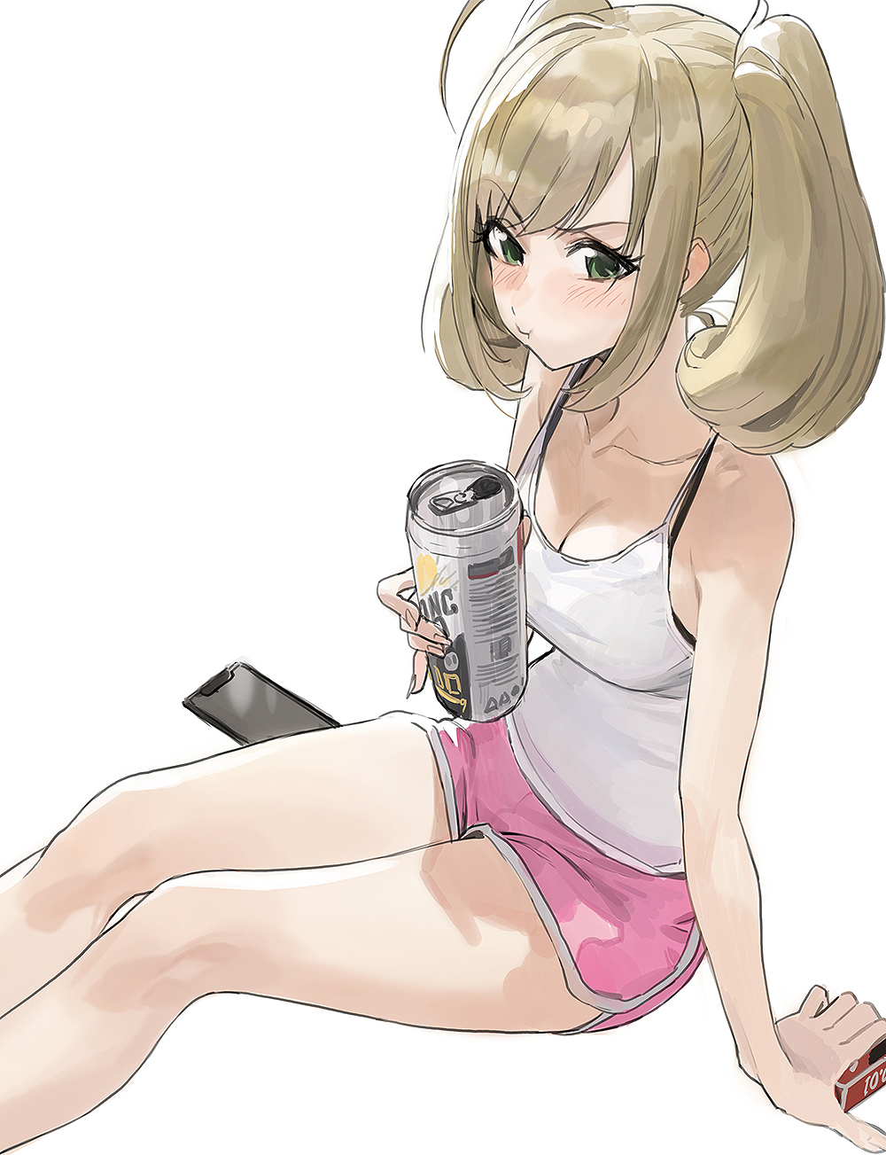 1girl :t ahoge arm_support bangs bare_legs bare_shoulders blush breasts camisole can cellphone cleavage collarbone commentary eyebrows_visible_through_hair feet_out_of_frame green_eyes highres holding holding_can idolmaster idolmaster_cinderella_girls light_brown_hair looking_at_viewer medium_breasts mossi phone pout satou_shin short_shorts shorts sitting smartphone solo swept_bangs twintails