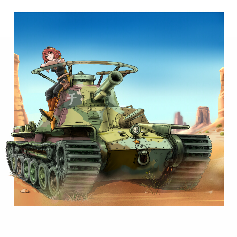 1girl artist_request breasts brown_eyes caterpillar_tracks comiket_88 desert ground_vehicle metal_max military military_vehicle motor_vehicle redhead sarukichi_(chiekichi) short_hair sky tank type_97_chi-ha