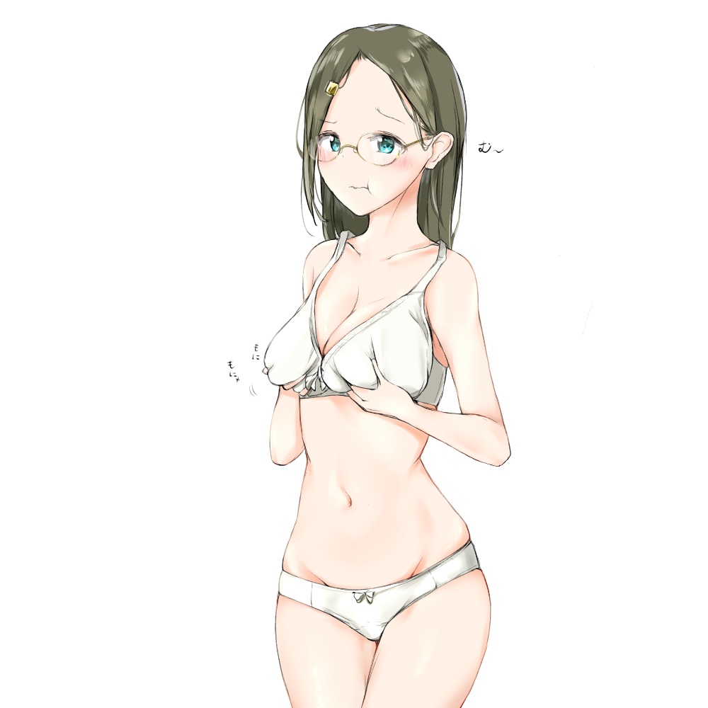 1girl :t blue_eyes blush bra breasts brown_hair collarbone glasses groping hair_ornament hairclip long_hair navel original panties school_uniform simple_background sketch solo standing underwear white_background white_bra white_panties zagashira