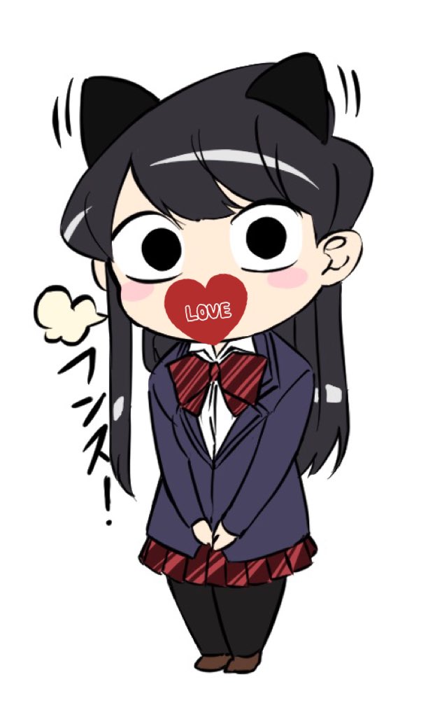 1girl animal_ears black_eyes black_hair cat_ears chibi chibi_inset heart komi-san_wa_komyushou_desu komi_shouko long_hair looking_at_viewer mitsugu school_uniform white_background