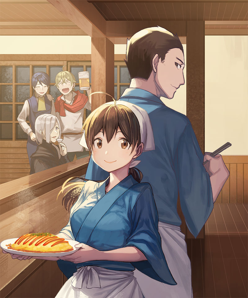 2girls 3boys :d ahoge back-to-back beer_mug black_hair brown_eyes brown_hair facial_hair food indoors isekai_izakaya_"nobu" kururi long_hair looking_at_viewer multiple_boys multiple_girls official_art omurice open_mouth ponytail samue senke_shinobu silver_hair smile standing stubble waitress yazawa_nobuyuki