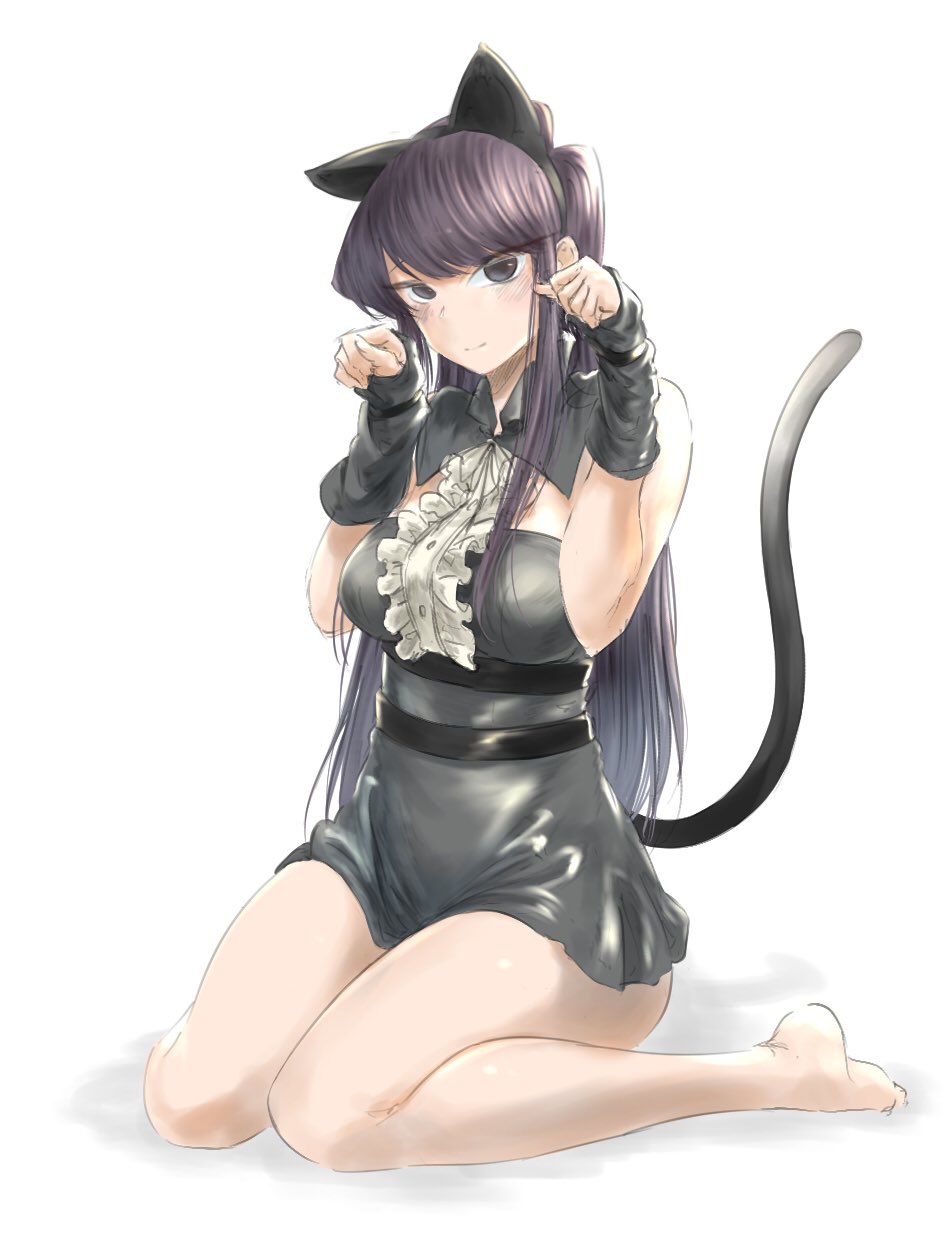 1girl animal_ears black_eyes black_hair cat_ears cat_tail closed_mouth highres komi-san_wa_komyushou_desu komi_shouko legs long_hair looking_at_viewer mitsugu smile tail white_background