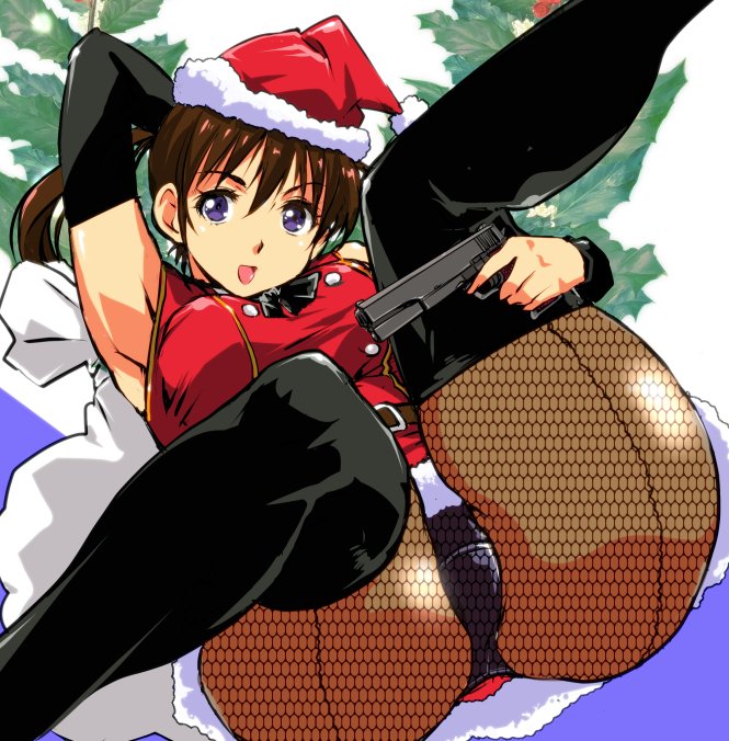 1girl arm_up armpits bangs belt black_legwear black_neckwear brown_hair christmas_tree commentary_request crotch_seam double-breasted eyebrows_visible_through_hair fishnet_pantyhose fishnets gun handgun hat high_ponytail kneepits legs_up looking_at_viewer lying open_mouth original panties pantyhose pistol ponytail purple_panties red_skirt red_vest sack santa_costume santa_hat skirt thigh-highs underwear vest violet_eyes weapon yuya