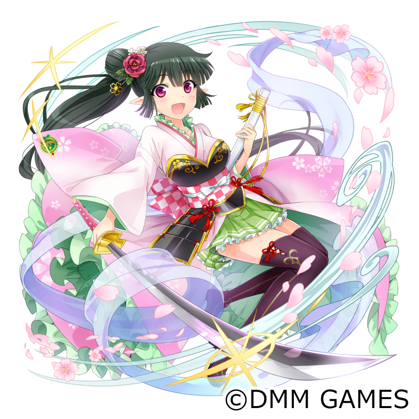 1girl :d armor black_legwear breasts checkered dmm flower green_skirt hair_flower hair_ornament hijiri_creator_onna_gakuen holding holding_sword holding_weapon japanese_clothes katana kimono medium_breasts official_art open_mouth pink_eyes pink_flower pink_flowers pointy_ears sheath side_ponytail skirt smile sword thigh-highs weapon white_background wide_sleeves