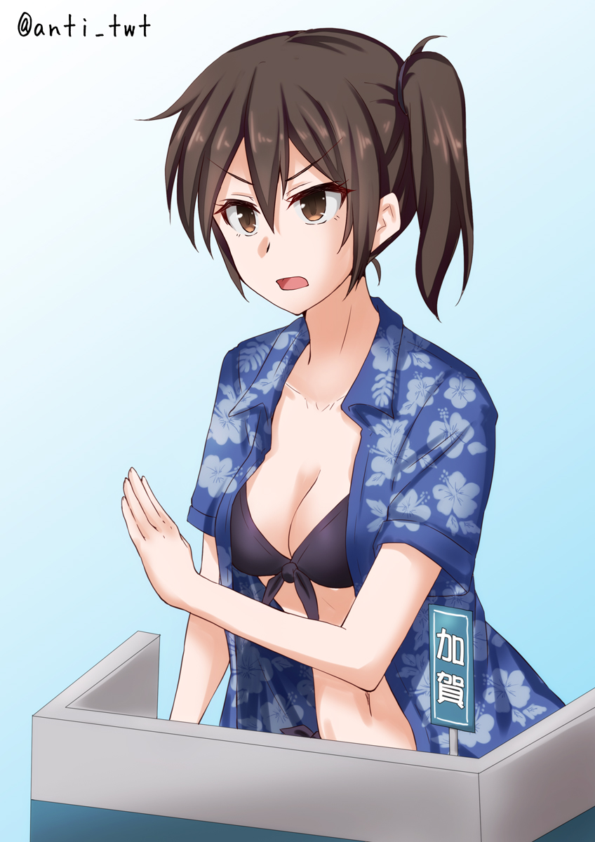 1girl anti_(untea9) bikini black_bikini black_bikini_top black_hair blue_shirt breasts brown_eyes character_name cleavage commentary_request cowboy_shot gradient gradient_background hawaiian_shirt highres kaga_(kantai_collection) kantai_collection medium_breasts open_clothes podium shirt short_hair side_ponytail solo swimsuit twitter_username