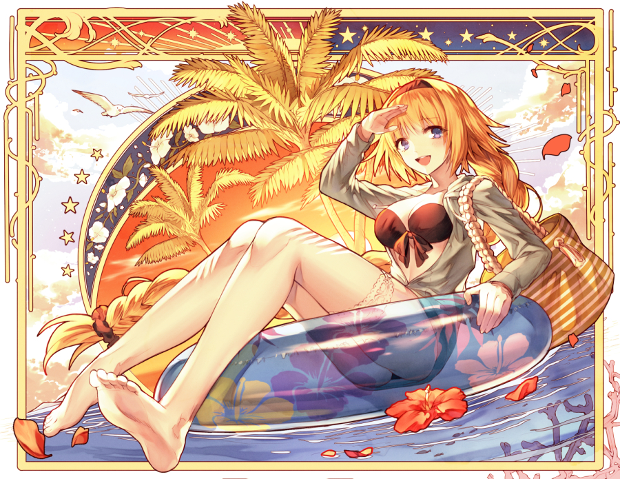 1girl arm_up bag barefoot bird blonde_hair blue_eyes blush braid breasts cleavage collarbone eyebrows_visible_through_hair fate/grand_order fate_(series) flower hairband handbag innertube jacket jeanne_d'arc_(fate)_(all) jeanne_d'arc_(swimsuit_archer) kh_(kh_1128) large_breasts long_hair looking_at_viewer open_mouth seagull smile solo water