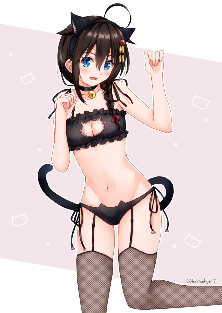 1girl ahoge animal_band_legwear animal_ears bell bell_choker black_bra black_hair black_panties blue_eyes bra braid breasts cat_band_legwear cat_cutout cat_ear_panties cat_ears cat_lingerie cat_tail choker cleavage cleavage_cutout feet_out_of_frame frilled_bra frills garter_straps hair_flaps hair_over_shoulder hoshino_kagari jingle_bell kantai_collection long_hair looking_at_viewer medium_breasts meme_attire panties remodel_(kantai_collection) shigure_(kantai_collection) side-tie_panties single_braid solo standing standing_on_one_leg tail thigh-highs underwear