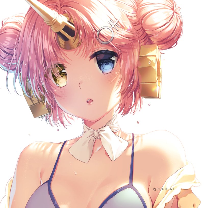 1girl bare_shoulders blue blue_bikini_top breasts choker cleavage collarbone double_bun eyes fate/grand_order fate_(series) frankenstein's_monster_(fate) frankenstein's_monster_(swimsuit_saber)_(fate) hair_ornament heterochromia horns open_mouth pink_hair portrait ribbon ribbon_choker rosuuri short_hair sideboob simple_background small_breasts solo twitter_username white_background white_ribbon yellow_eyes