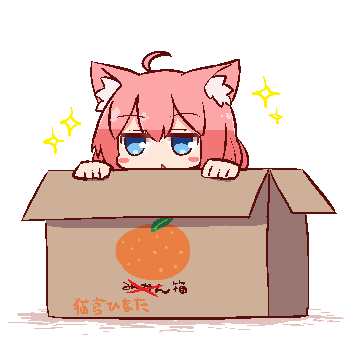 1girl ahoge animal_ear_fluff animal_ears bangs blue_eyes blush_stickers box cardboard_box cat_ears eyebrows_visible_through_hair hair_between_eyes hinata_channel in_box in_container looking_at_viewer naga_u nekomiya_hinata parted_lips peeking_out pink_hair solo sparkle translated virtual_youtuber white_background