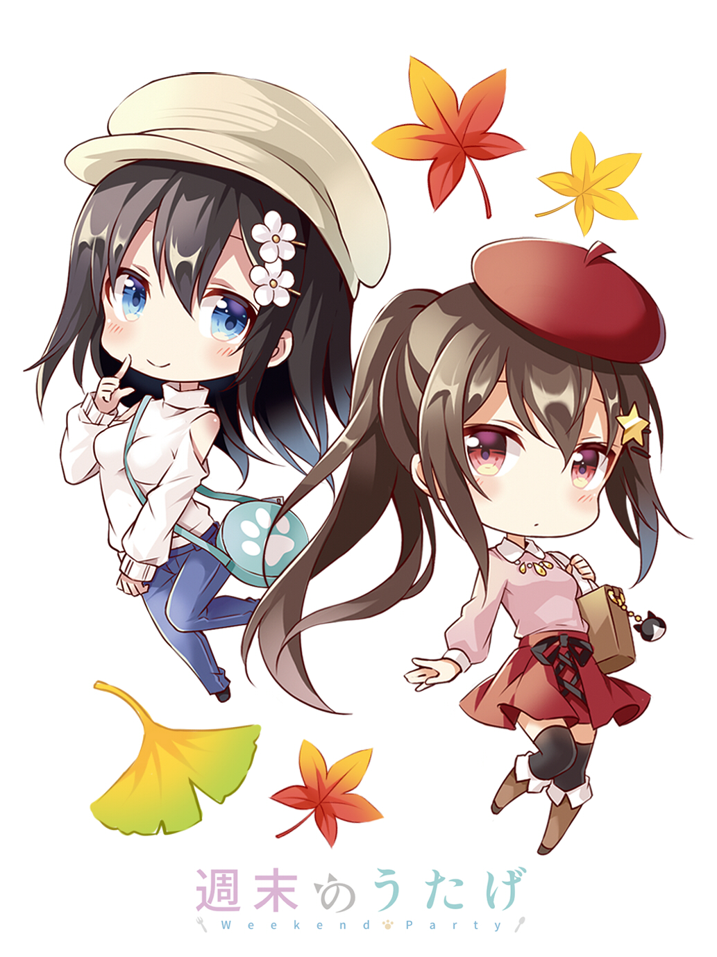 2girls autumn_leaves bag bag_charm bangs beret between_breasts black_footwear black_legwear black_ribbon blue_pants blush boots breasts brown_footwear brown_hair cabbie_hat charm_(object) chibi closed_mouth collared_shirt commentary_request denim eyebrows_visible_through_hair flower hair_between_eyes hair_flower hair_ornament hairclip hat highres index_finger_raised jeans knee_boots leaf long_hair long_sleeves looking_at_viewer maple_leaf medium_breasts multiple_girls original pants pink_shirt ponytail red_eyes red_hat red_skirt ribbon shiro_kuma_shake shirt shoulder_bag shoulder_cutout simple_background skirt sleeves_past_wrists small_breasts smile star star_hair_ornament strap_cleavage sweater thigh-highs thighhighs_under_boots turtleneck turtleneck_sweater very_long_hair white_background white_flower white_hat white_sweater