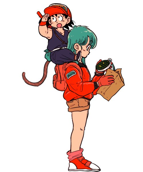 1boy 1girl :o aida_kaiko arm_up armpits bare_legs baseball_cap black_eyes black_hair blue_eyes blue_hair bulma carrying_over_shoulder character_name clothes_writing dougi dragon_ball dragon_ball_(classic) expressionless eyebrows_visible_through_hair eyelashes full_body gloves hand_on_own_face hat holding jacket looking_down looking_up map nyoibo pink_legwear profile radar red_footwear red_gloves red_jacket short_hair shorts simple_background socks son_gokuu standing tail white_background wristband