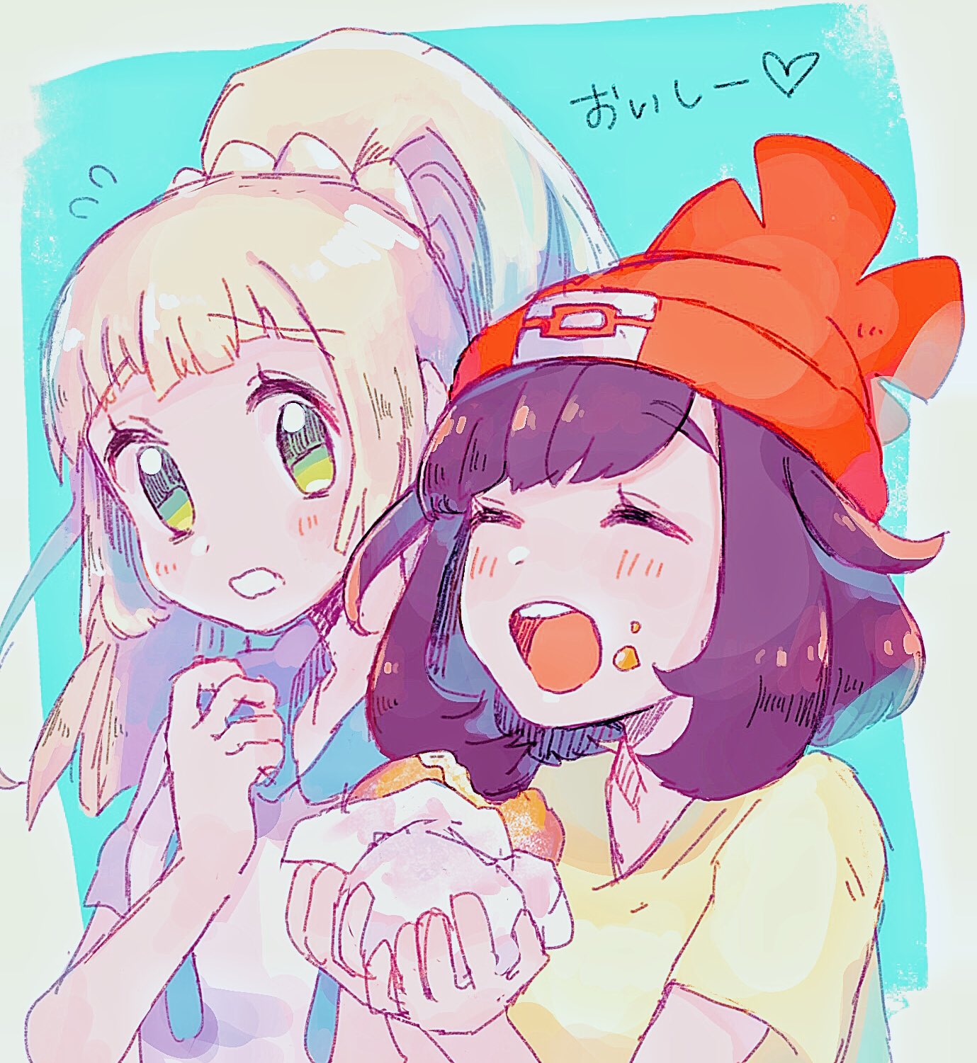 2girls beanie black_hair blonde_hair closed_eyes creatures_(company) eating food food_on_face game_freak green_eyes hat highres lillie_(pokemon) long_hair malasada mizuki_(pokemon) mu_acrt multiple_girls nintendo open_mouth pokemon pokemon_(game) pokemon_sm ponytail red_hat shirt short_hair short_sleeves simple_background white_shirt