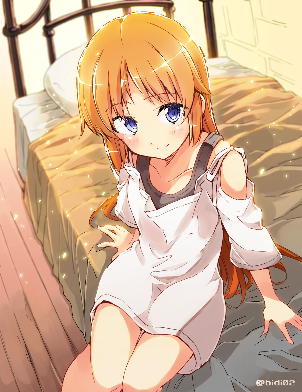 1girl bed bibi blonde_hair blue_eyes blush collarbone eyebrows_visible_through_hair highres long_hair looking_at_viewer pillow selka_schuberg shirt shoulder_cutout sitting smile solo sword_art_online twitter_username very_long_hair white_shirt wooden_floor