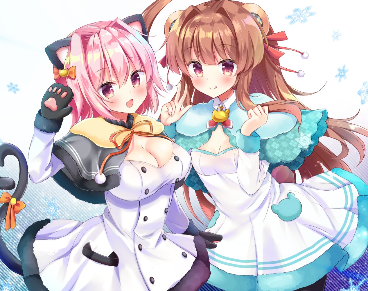 2girls ahoge animal_ears animal_print bangs bear_ears bear_print bear_tail black_gloves black_legwear bow breasts brown_hair buttons cat_ears cat_paws cat_tail cleavage cloak closed_mouth commentary_request dress eyebrows_visible_through_hair gloves hair_between_eyes hair_intakes hair_ribbon kantai_collection kuma_(kantai_collection) large_breasts long_hair long_sleeves looking_at_viewer masayo_(gin_no_ame) multiple_girls open_mouth orange_bow orange_ribbon pantyhose paws pink_hair pocket red_ribbon ribbon short_hair small_breasts smile snowflakes tail tail_ribbon tama_(kantai_collection) tongue tongue_out v violet_eyes white_dress