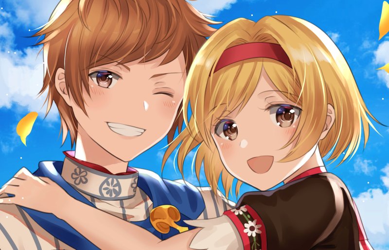 1boy 1girl :d bangs blonde_hair blue_sky brown_eyes clouds couple day djeeta_(granblue_fantasy) gran_(granblue_fantasy) granblue_fantasy grin hairband hand_on_another's_shoulder looking_at_viewer myusha one_eye_closed open_mouth outdoors parted_bangs petals portrait red_hairband shiny shiny_hair short_hair short_sleeves sky smile