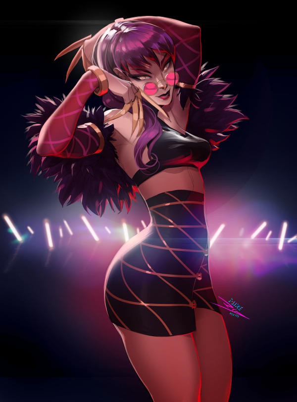 1girl armpits backlighting breasts claw_(weapon) commentary detached_sleeves english_commentary evelynn eyeshadow feather_boa glasses hair_over_shoulder high-waist_skirt idol k/da_(league_of_legends) k/da_evelynn league_of_legends lipstick looking_at_viewer makeup mike_nesbitt miniskirt pince-nez pink-tinted_eyewear purple_hair purple_lipstick skirt slender_waist slit_pupils small_breasts solo weapon yellow_eyes