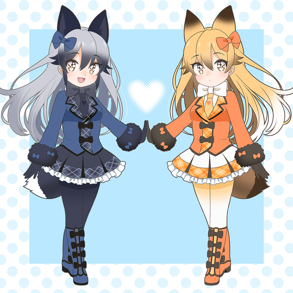 2girls :d adapted_costume animal_ears black_gloves black_legwear black_neckwear blonde_hair blue_bow blue_coat boots bow bow_footwear commentary extra_ears eyebrows_visible_through_hair eyes_visible_through_hair ezo_red_fox_(kemono_friends) fang fox_ears fox_tail frilled_skirt frills full_body fur-trimmed_sleeves fur_trim gloves gradient_hair grey_hair hair_between_eyes hair_bow hands_together heart kemono_friends knee_boots legs_crossed long_hair long_sleeves looking_at_viewer multicolored_hair multiple_girls necktie open_mouth orange_bow orange_coat orange_neckwear pantyhose silver_fox_(kemono_friends) simple_background skirt smile tail white_neckwear yellow_eyes yellow_legwear yukiko_haotome