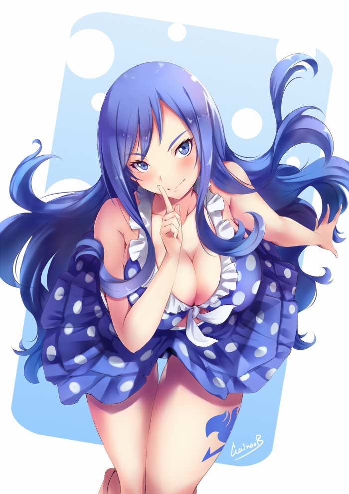 1girl arm_up bare_shoulders bikini bikini_skirt blue_bikini blue_eyes blue_hair blush breasts cleavage closed_mouth collarbone commentary_request fairy_tail finger_to_mouth frilled_bikini frills front-tie_bikini front-tie_top gainoob juvia_lockser large_breasts long_hair looking_at_viewer polka_dot polka_dot_bikini signature simple_background smile solo swimsuit tattoo thigh_gap