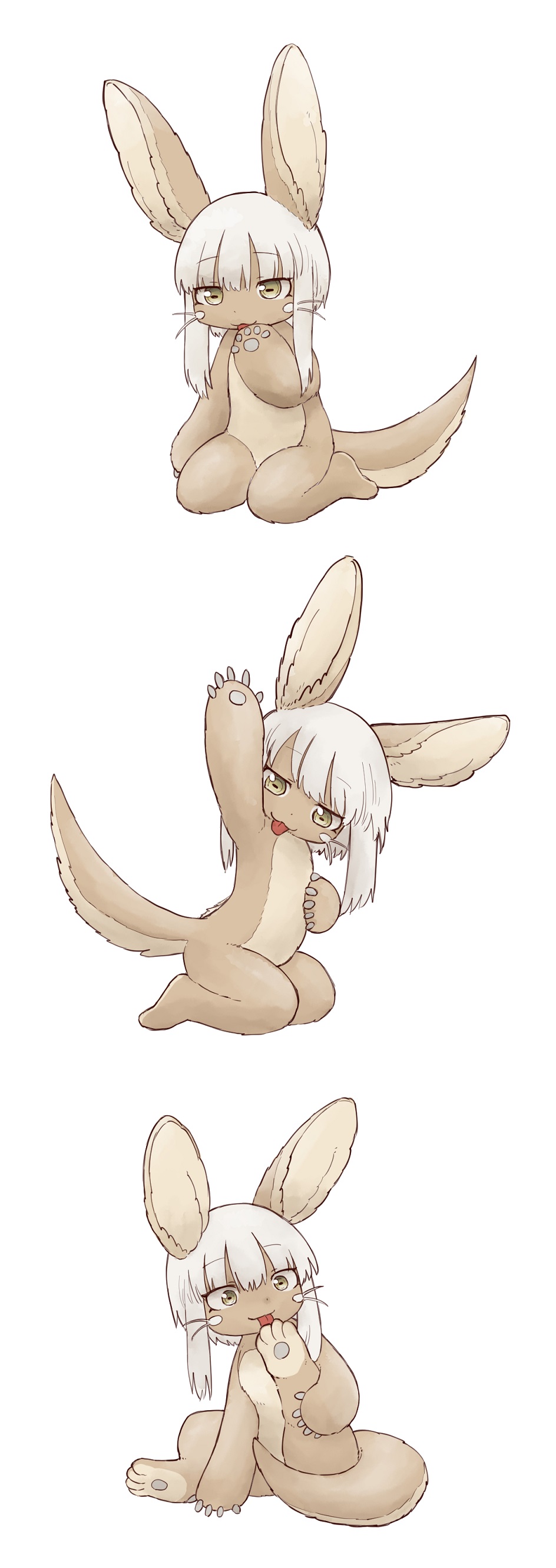 1other absurdres animal_ears arm_up armpit_licking bangs eyebrows_visible_through_hair furry hand_on_own_chest highres horizontal_pupils kawasemi27 leg_lift licking licking_hand made_in_abyss medium_hair nanachi_(made_in_abyss) nude poses sidelocks simple_background sitting solo tail_censor tongue tongue_out wariza whiskers white_background white_hair yellow_eyes