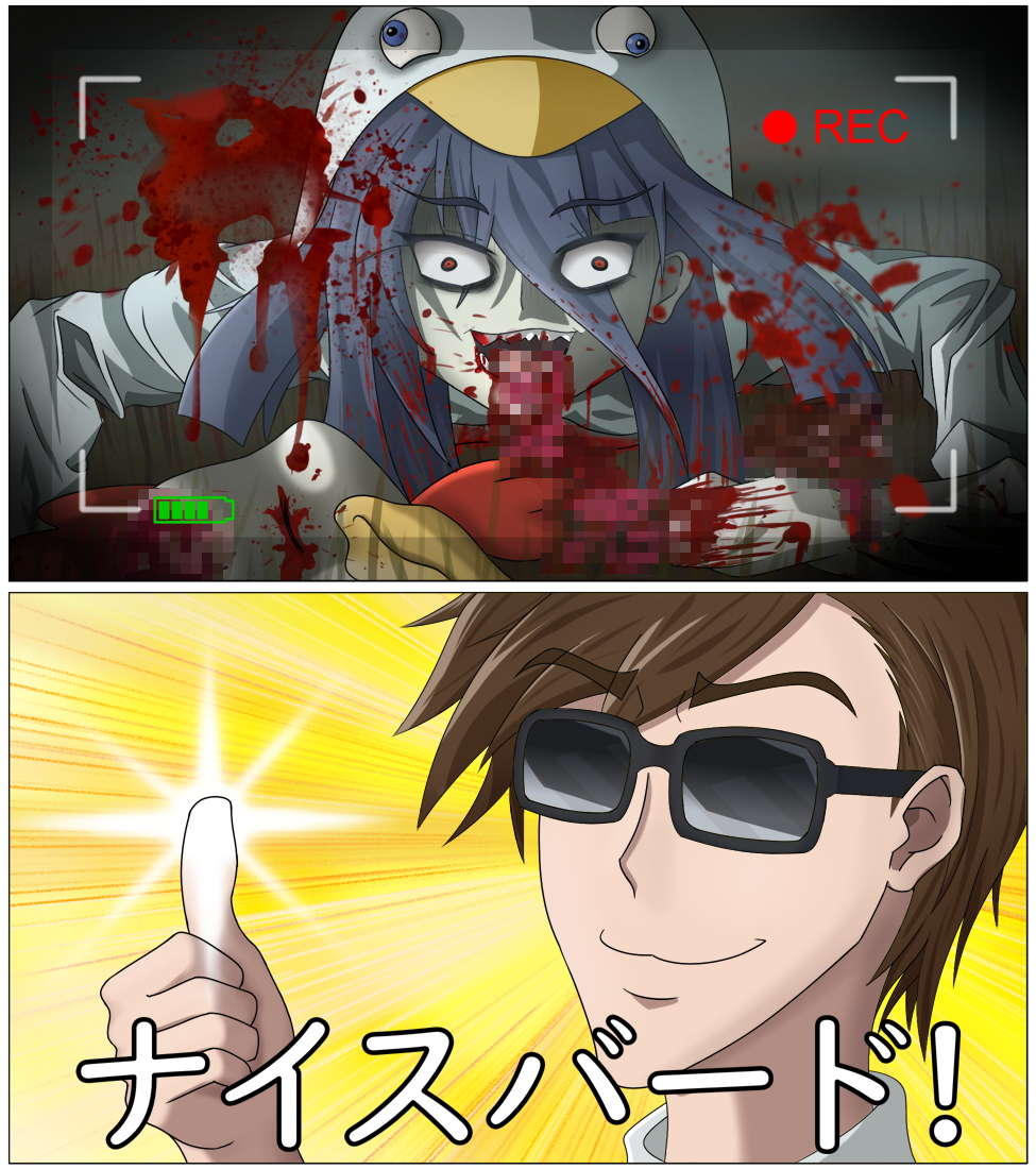 bad_end biting black_hair blood censored_violence chicken_costume commentary long_hair red_eyes sunglasses tatsumi_koutarou wcmy2288 yamada_tae zombie zombieland_saga