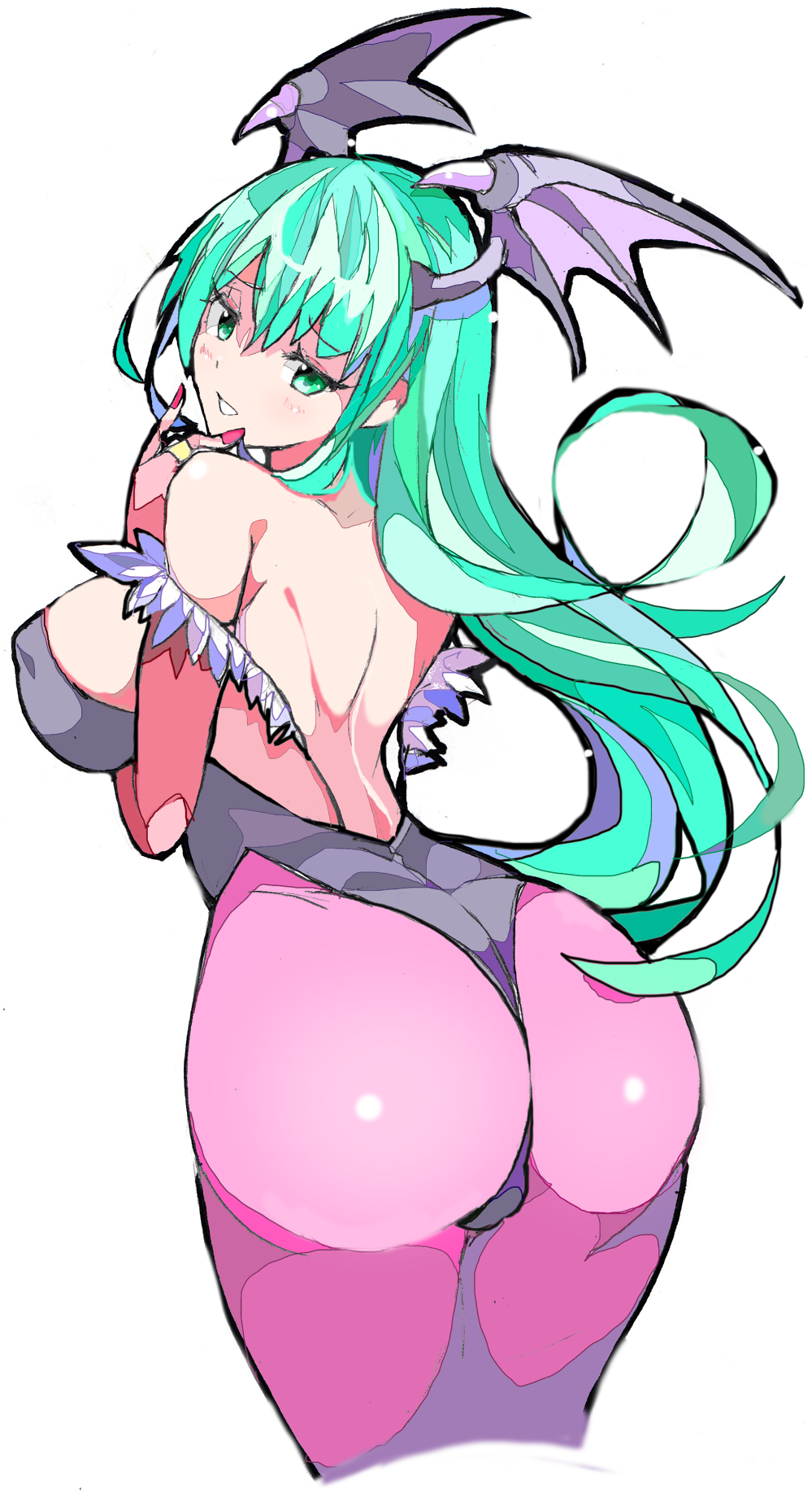 1girl ass back bangs bare_shoulders bat_wings black_leotard blush breasts bridal_gauntlets demon_girl enpe green_eyes green_hair head_wings highres hips large_breasts leotard long_hair looking_at_viewer looking_back morrigan_aensland open_mouth pantyhose parted_lips purple_legwear simple_background solo succubus thighs vampire_(game) white_background wings