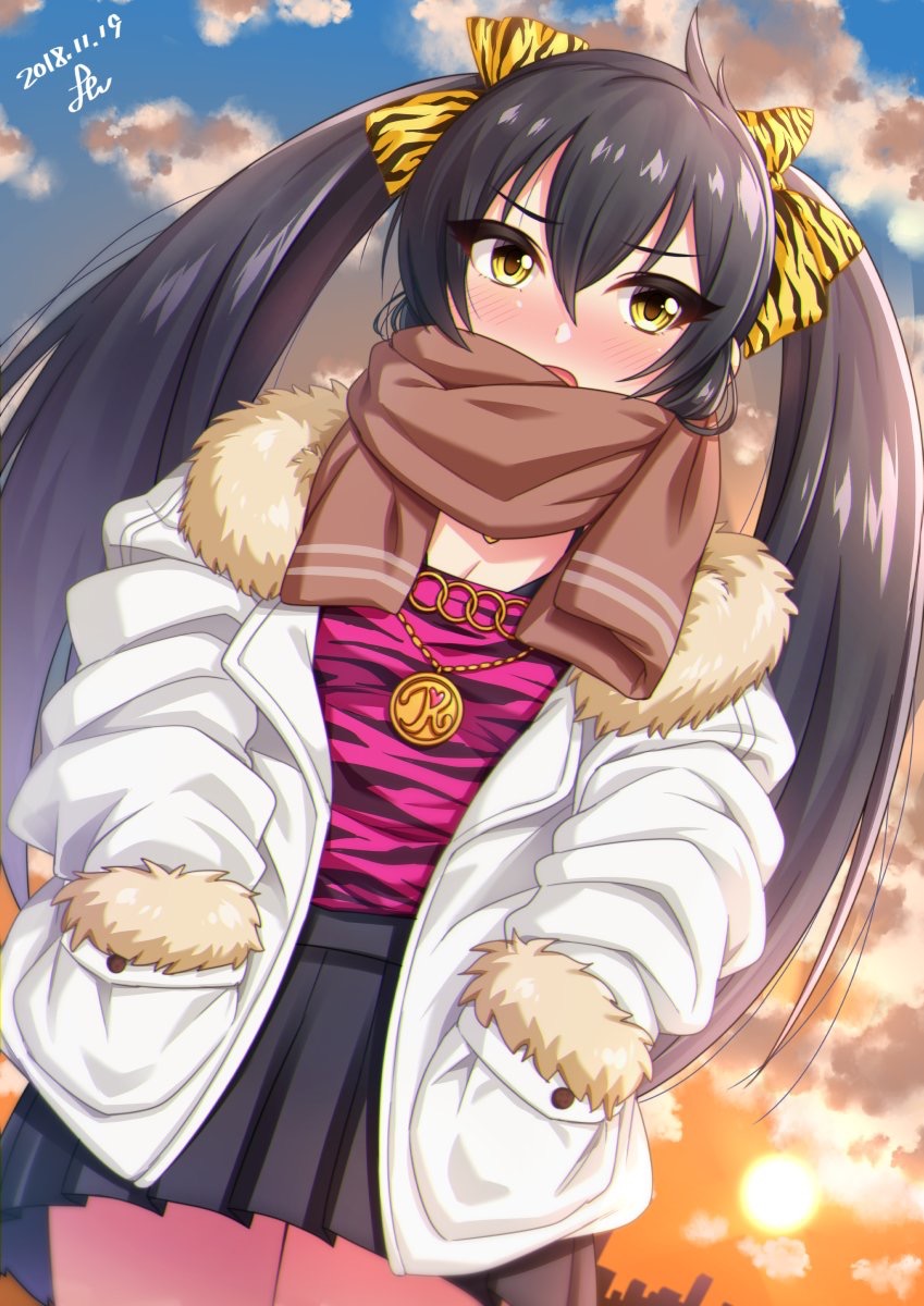 1girl animal_print bangs black_hair black_skirt blue_sky blush breasts brown_neckwear cleavage dated eyelashes fur-trimmed_jacket fur_trim hair_between_eyes hair_ribbon hands_in_pockets highres hips idolmaster idolmaster_cinderella_girls jacket jewelry long_hair looking_at_viewer matoba_risa necklace open_clothes open_jacket open_mouth pendant pink_camisole pleated_skirt print_ribbon ribbon scarf skirt sky small_breasts solo tiger_stripes twintails white_jacket yellow_eyes yellow_ribbon yoohi