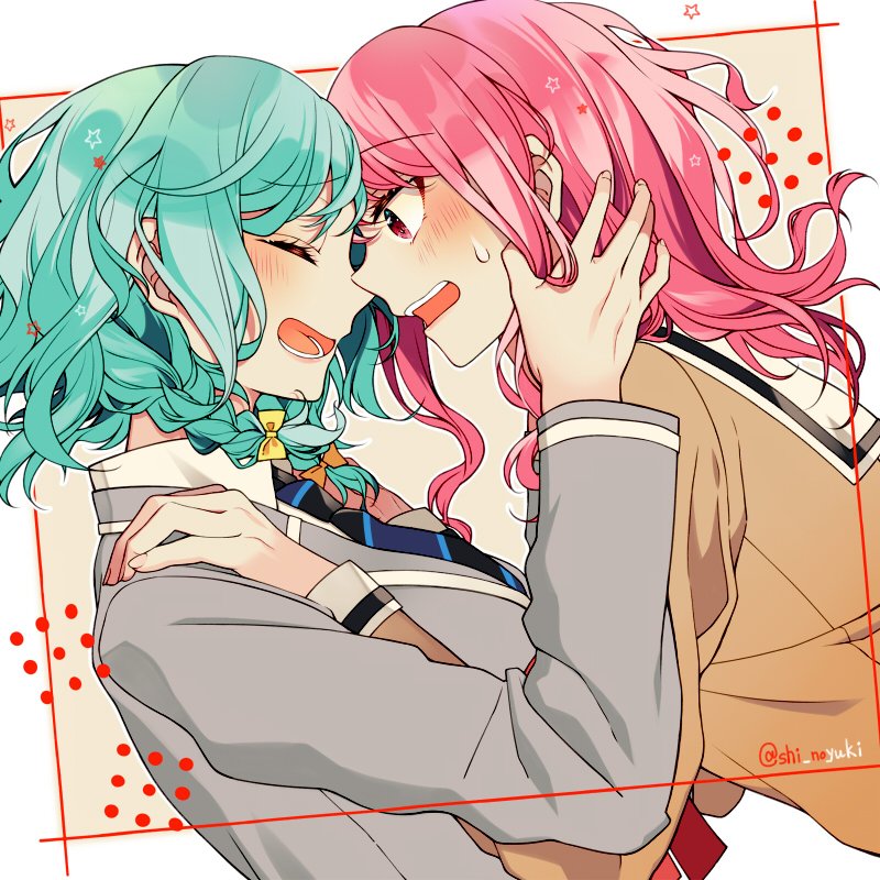 2girls ^_^ aqua_hair bang_dream! bangs black_neckwear blazer bow closed_eyes closed_eyes face-to-face grey_jacket hair_bow hair_down hanasakigawa_school_uniform hand_in_another's_hair hands_on_another's_shoulders haneoka_school_uniform hikawa_hina jacket long_hair long_sleeves looking_at_another maruyama_aya multiple_girls necktie open_mouth pink_eyes pink_hair sailor_collar school_uniform shi_noyuki short_hair side_braids smile striped striped_neckwear twitter_username upper_body white_sailor_collar yellow_bow yuri