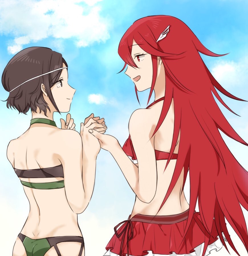 2girls ass back bikini bikini_skirt black_eyes black_hair clouds cloudy_sky cowboy_shot day feather_hair_ornament fire_emblem fire_emblem:_kakusei fire_emblem_heroes green_bikini hand_holding long_hair looking_at_another multiple_girls nintendo noire_(fire_emblem) open_mouth red_bikini red_eyes redhead short_hair sky smile swimsuit takatou_mitsuru tears cordelia_(fire_emblem)