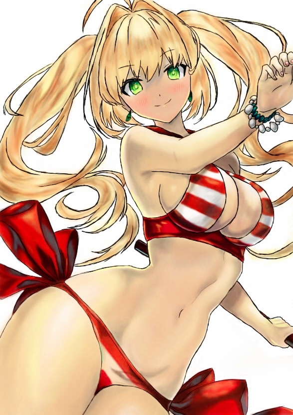 1girl ahoge bangs bead_bracelet beads bikini bracelet breasts cleavage commentary_request criss-cross_halter earrings eyebrows_visible_through_hair fate/grand_order fate_(series) green_eyes hair_between_eyes hair_intakes halterneck jewelry large_breasts midriff navel nero_claudius_(fate)_(all) nero_claudius_(swimsuit_caster)_(fate) red_bikini side-tie_bikini smile striped striped_bikini swimsuit twintails white_background ycgame