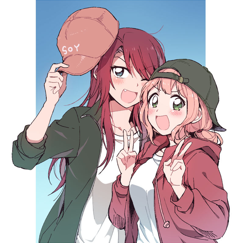 2girls :d ;d aqua_eyes backwards_hat bang_dream! bangs baseball_cap black_hat black_jacket blush double_v drawstring fang green_eyes hat holding holding_hat jacket long_hair long_sleeves looking_at_viewer low_twintails multiple_girls one_eye_closed open_mouth pink_hair re_ghotion red_hat red_jacket redhead shirt sleeves_pushed_up smile twintails udagawa_tomoe uehara_himari upper_body v v-shaped_eyebrows white_shirt