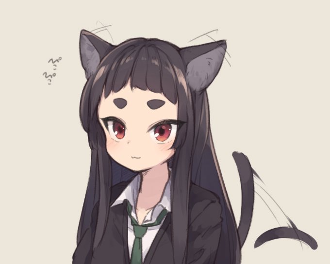 1girl :3 afterimage animal_ear_fluff animal_ears black_sweater blush brown_background brown_hair cat_ears cat_tail closed_mouth collarbone collared_shirt commentary ear_wiggle green_neckwear kuranami_shiki long_hair looking_at_viewer natsuki_teru original red_eyes shirt short_eyebrows simple_background solo sweater tail tail_raised tail_wagging thick_eyebrows upper_body very_long_hair white_shirt