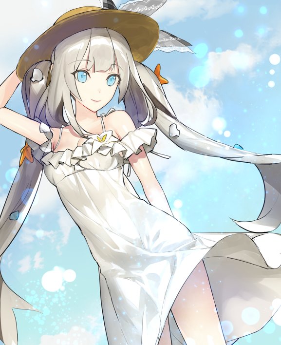 1girl arm_behind_back bangs blue_eyes blue_sky bow breasts cleavage clouds day dress dutch_angle eyebrows_visible_through_hair fate/grand_order fate_(series) floating_hair ginka_sima hand_on_headwear hat hat_bow lens_flare long_hair marie_antoinette_(fate/grand_order) marie_antoinette_(swimsuit_caster)_(fate) shiny shiny_hair silver_hair sky sleeveless sleeveless_dress small_breasts solo standing straw_hat striped striped_bow sun_hat sundress very_long_hair white_dress yellow_hat