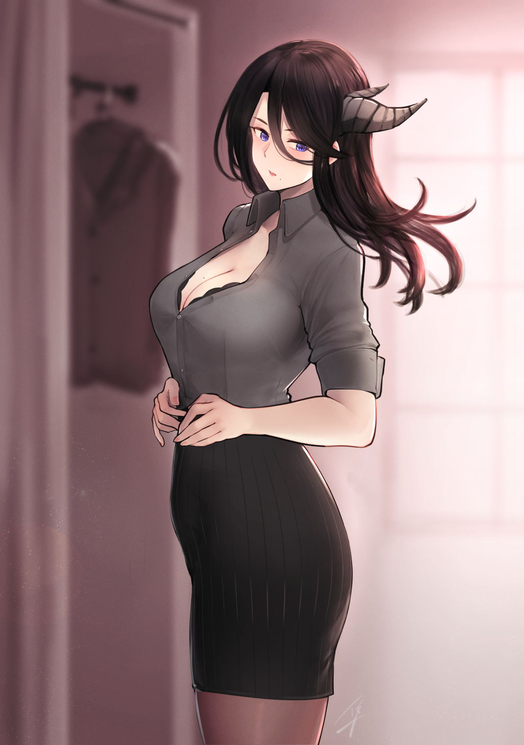 1girl black_bra black_hair black_skirt blue_eyes blurry bra breasts collarbone collared_shirt commentary_request demon_girl demon_horns depth_of_field formal from_side grey_shirt hayabusa highres horns indoors large_breasts lips long_hair looking_at_viewer mole mole_under_mouth office_lady original pantyhose pencil_skirt ribbed_skirt shirt short_sleeves signature skirt underwear