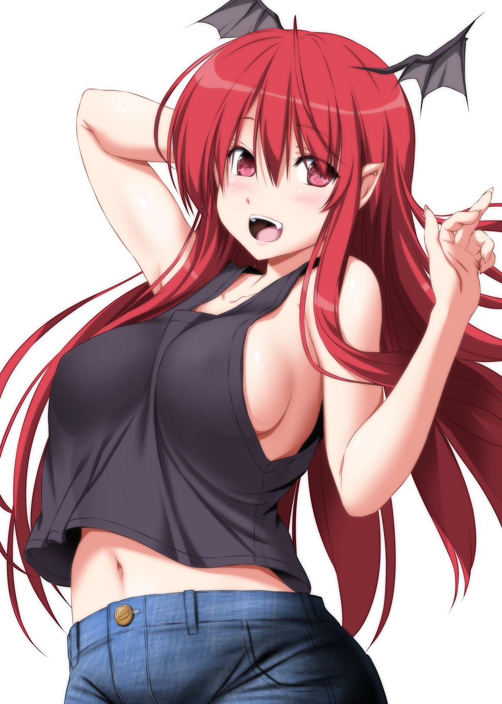 1girl arm_behind_head arm_up bangs bare_arms bare_shoulders black_tank_top blush breasts collarbone cowboy_shot demon_wings denim erect_nipples eyebrows_visible_through_hair hair_between_eyes hand_up head_wings highres koakuma long_hair looking_at_viewer medium_breasts midriff navel no_bra nori_tamago open_mouth pants pointy_ears red_eyes redhead sideboob simple_background smile solo stomach tank_top touhou very_long_hair white_background wings