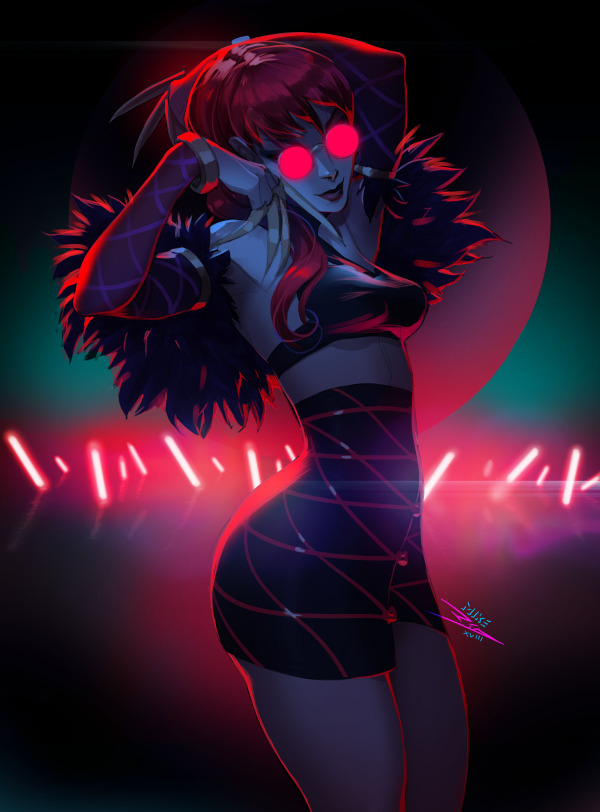 1girl armpits backlighting breasts claw_(weapon) commentary detached_sleeves english_commentary evelynn eyeshadow feather_boa glasses hair_over_shoulder high-waist_skirt idol k/da_(league_of_legends) k/da_evelynn league_of_legends lipstick looking_at_viewer makeup mike_nesbitt miniskirt opaque_glasses pince-nez pink-tinted_eyewear purple_hair purple_lipstick skirt slender_waist slit_pupils small_breasts solo ultraviolet_light weapon