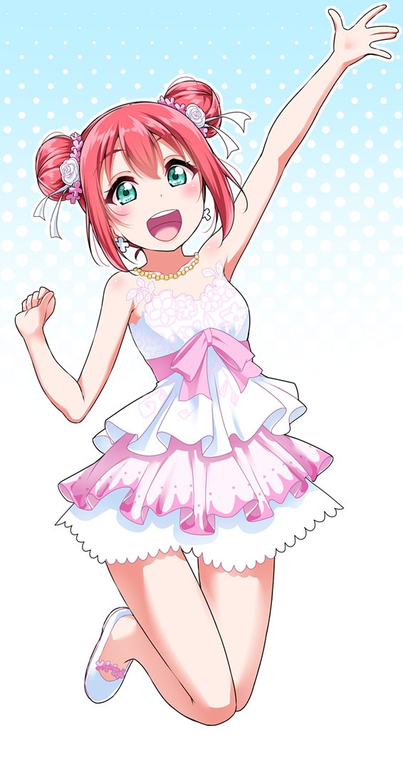 1girl arms_up bangs blush bow breasts double_bun dress earrings eyebrows_visible_through_hair frilled_dress frills green_eyes hair_between_eyes hair_ornament hair_ribbon hand_up jewelry kurosawa_ruby looking_at_viewer love_live! love_live!_sunshine!! necklace open_mouth pink_bow polka_dot polka_dot_background redhead ribbon small_breasts smile solo strapless strapless_dress thank_you_friends!! white_dress white_footwear yopparai_oni