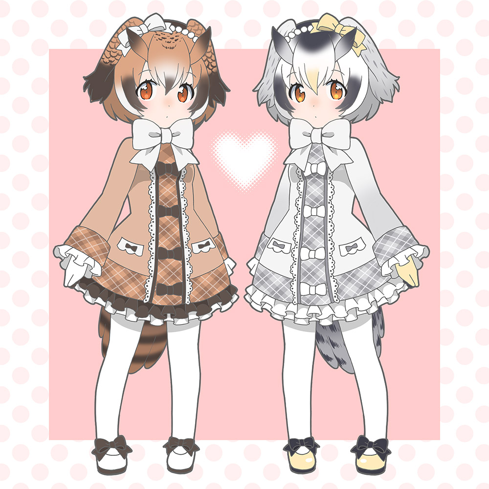 2girls adapted_costume bird_tail bow bow_footwear bowtie brown_coat brown_eyes brown_hair closed_mouth coat commentary_request eurasian_eagle_owl_(kemono_friends) frilled_sleeves frills full_body grey_hair heart kemono_friends long_sleeves looking_at_viewer multicolored_hair multiple_girls northern_white-faced_owl_(kemono_friends) orange_eyes pantyhose plaid shoes simple_background white_coat white_hair white_legwear white_neckwear yukiko_haotome