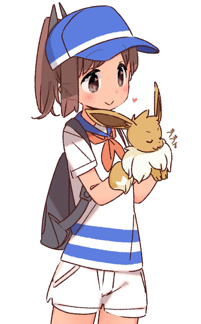 1girl alternate_costume backpack bag baseball_cap blue_hat brown_eyes brown_hair cowboy_shot creatures_(company) crossover eevee game_freak gen_1_pokemon hair_ornament hairclip hat i-401_(kantai_collection) kantai_collection nintendo pokemon pokemon_(creature) pokemon_(game) pokemon_lgpe ponytail shirt short_ponytail shorts simple_background smile solo tan white_background white_shirt white_shorts yoru_nai