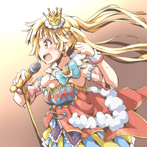 1girl bang_dream! bangs blonde_hair blue_bow bow clenched_hand crown detached_sleeves dress earrings fringe_trim fur_trim jewelry layered_dress long_hair microphone microphone_stand multicolored multicolored_clothes multicolored_dress riai_(onsen) solo striped_sleeves sweat tsurumaki_kokoro twintails wrist_cuffs yellow_eyes