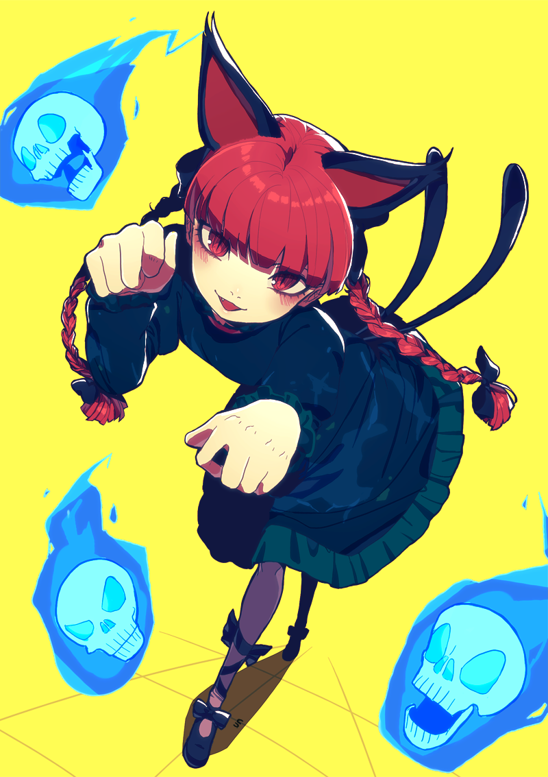 1girl animal_ears bangs blush bow braid cat_ears dress fang flaming_skull kaenbyou_rin kuzudon looking_at_viewer multiple_tails open_mouth pantyhose paw_pose red_eyes redhead simple_background skull slit_pupils tail touhou twin_braids two_tails yellow_background