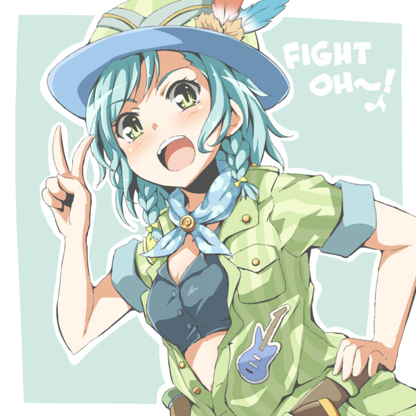 1girl :d aqua_background aqua_neckwear bang_dream! belt black_shirt blue_feathers blush bow breast_pocket brown_belt bucket_hat crop_top english green_eyes green_jacket hair_bow hand_on_hip hat hat_feather hikawa_hina jacket neckerchief open_clothes open_mouth open_shirt patch pocket red_feathers riai_(onsen) safari_jacket shirt short_hair short_sleeves side_braids sidelocks slit_pupils smile solo v vertical-striped_jacket yellow_bow