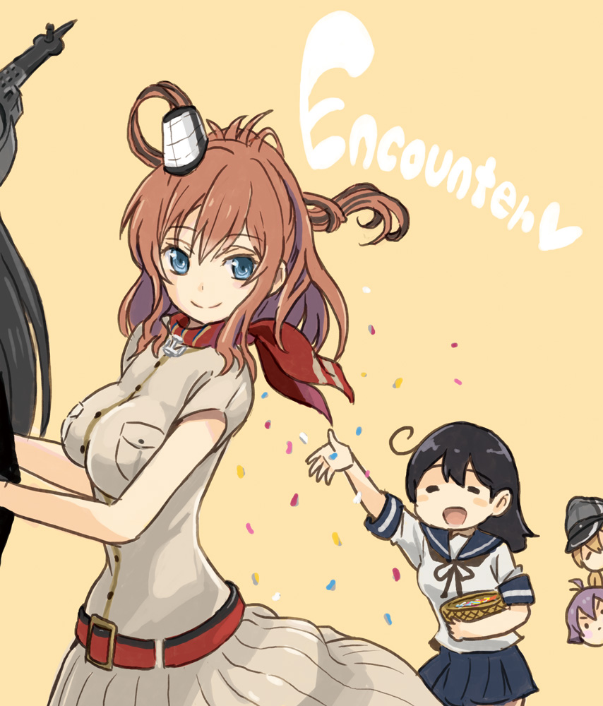 5girls ahoge basket belt black_hair blonde_hair blue_eyes breast_pocket breasts brown_hair confetti dress english hair_between_eyes hair_ornament hat headgear kantai_collection large_breasts multiple_girls nagato_(kantai_collection) neckerchief odd_one_out operation_crossroads otoufu out_of_frame peaked_cap pleated_skirt pocket prinz_eugen_(kantai_collection) purple_hair red_neckwear sakawa_(kantai_collection) saratoga_(kantai_collection) school_uniform serafuku short_sleeves side_ponytail simple_background skirt ushio_(kantai_collection)