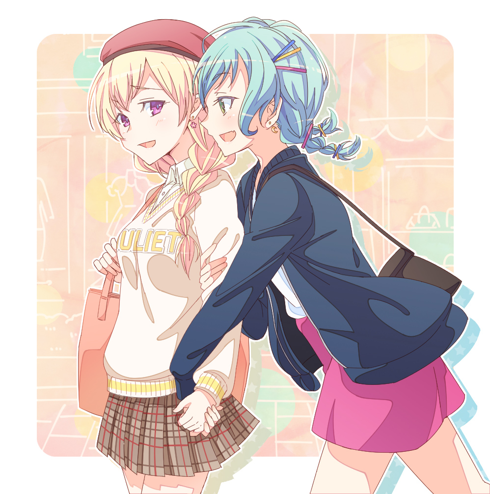 2girls :d alternate_hairstyle aqua_hair bag bang_dream! bangs beret black_jacket blonde_hair braid brown_skirt clothes_writing collared_shirt drop_shadow e20 earrings from_side green_eyes hair_ornament hair_over_one_eye hairpin hand_holding hat hikawa_hina holding_strap jacket jewelry long_sleeves looking_at_another miniskirt multiple_girls open_mouth outline pink_skirt plaid plaid_skirt pleated_skirt red_hat shirasagi_chisato shirt shoulder_bag single_braid skirt smile twin_braids violet_eyes white_outline white_shirt