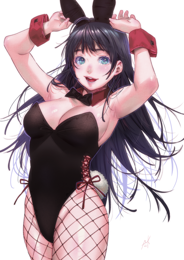 1girl animal_ears armpits arms_up black_hair black_hairband blue_eyes blush breasts bunny_tail bunnysuit cleavage cowboy_shot fake_animal_ears fishnet_pantyhose fishnets hairband kamiyama_aya large_breasts lips long_hair looking_at_viewer messy_hair open_mouth original pantyhose rabbit_ears red_ribbon ribbon simple_background smile solo standing tail white_background wrist_cuffs