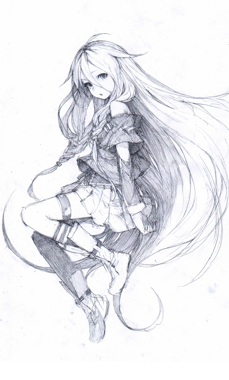 1girl :o ahoge boots braid graphite_(medium) hair_between_eyes highres ia_(vocaloid) junwool long_bangs long_hair looking_at_viewer off_shoulder pencil pink_hair pleated_skirt single_thighhigh skirt solo thigh-highs thigh_strap traditional_media very_long_hair vocaloid